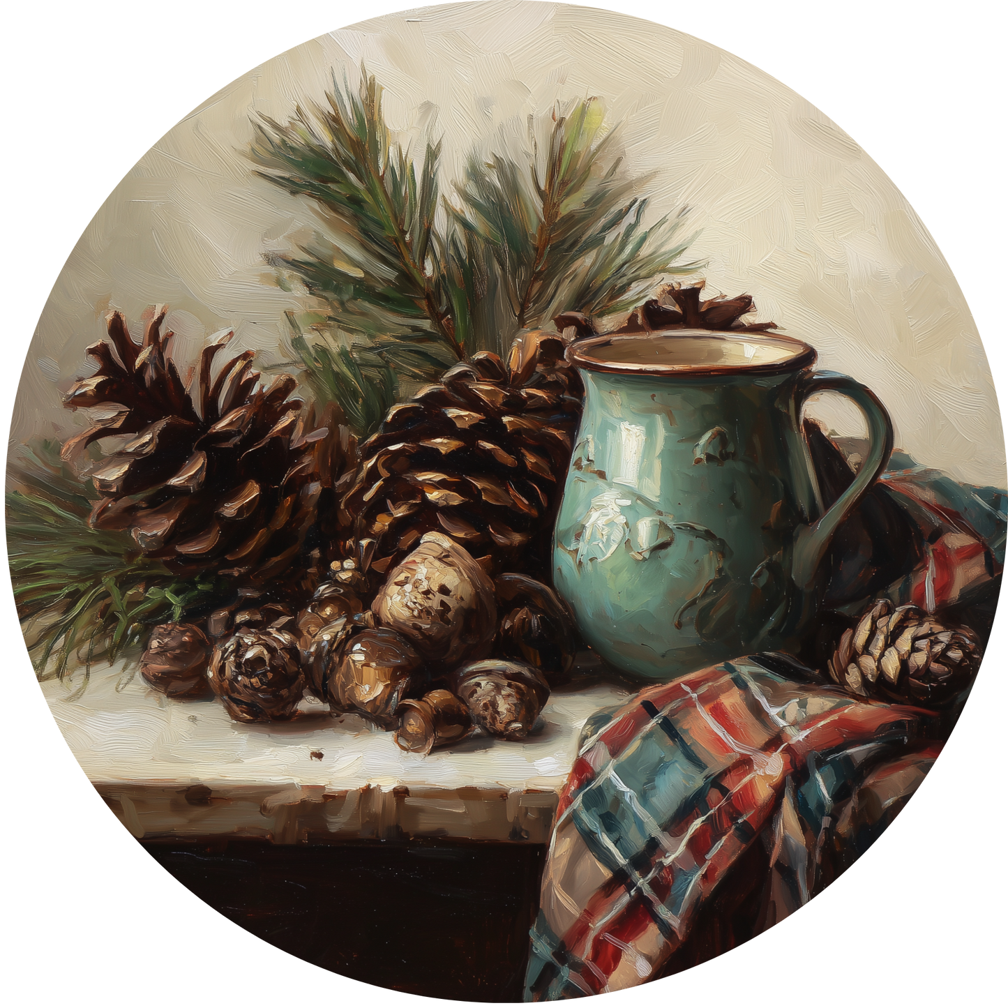 Cozy Winter Still Life with Pine Cones Mug Accent Sign - Made in USA