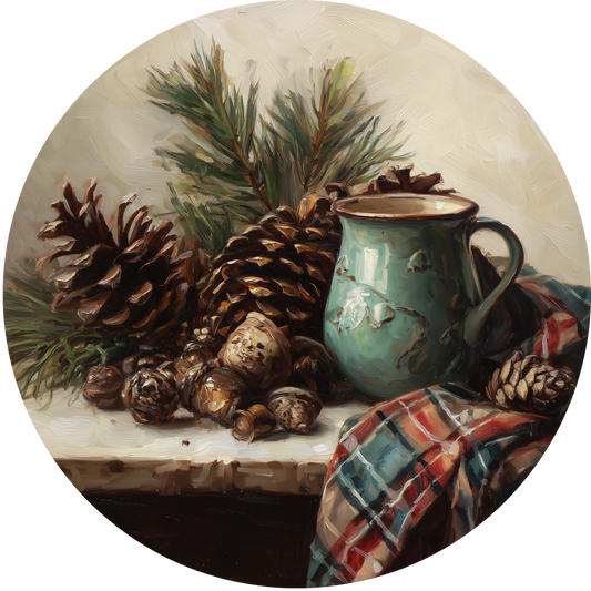Cozy Winter Still Life with Pine Cones Mug Accent Sign - Made in USA