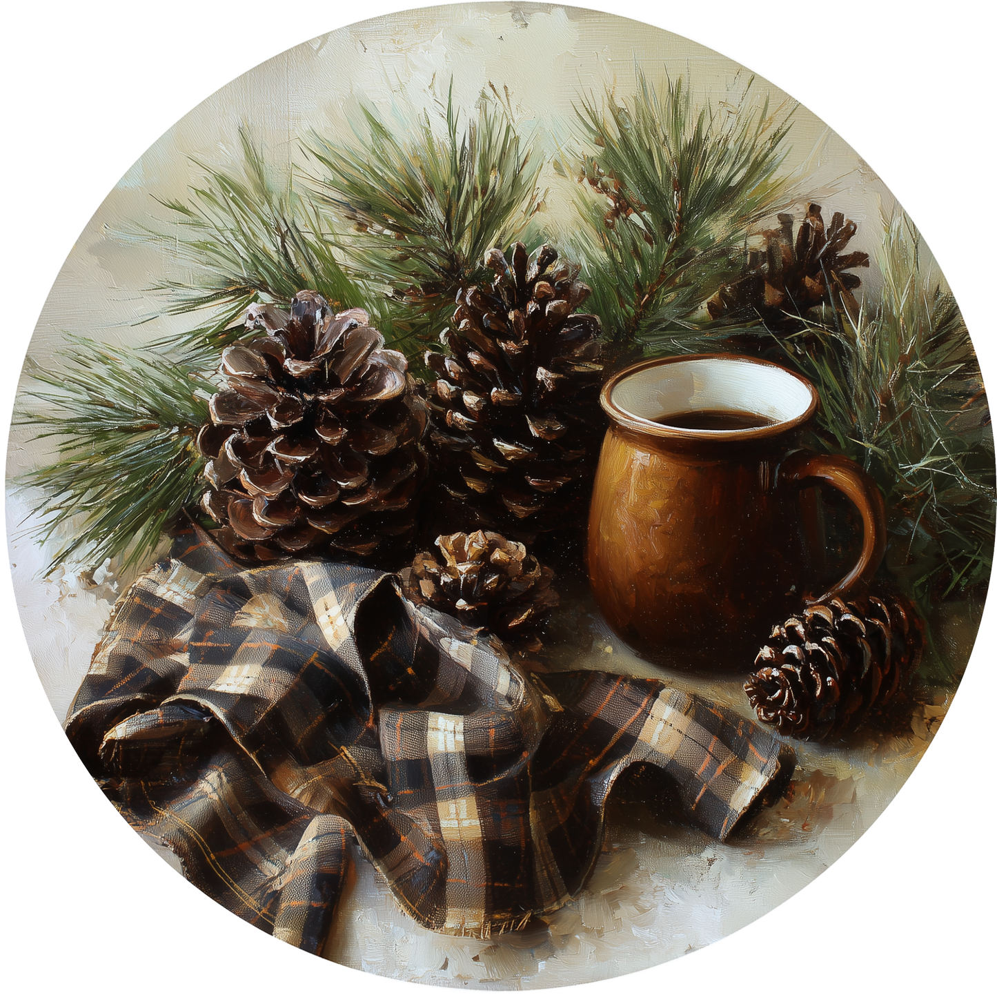 Warm Still Life with Coffee Mug Pine Cones Accent Sign - Made in USA