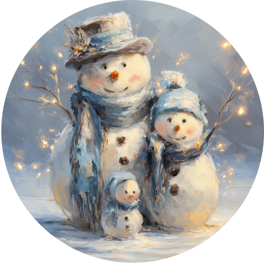 Whimsical Snowman Family in Blue Scarves with Fairy Lights Accent Sign - Made in USA