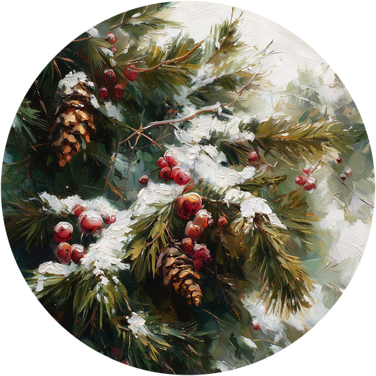 Snowy Pine Boughs with Berries and Cones Accent Sign - Made in USA