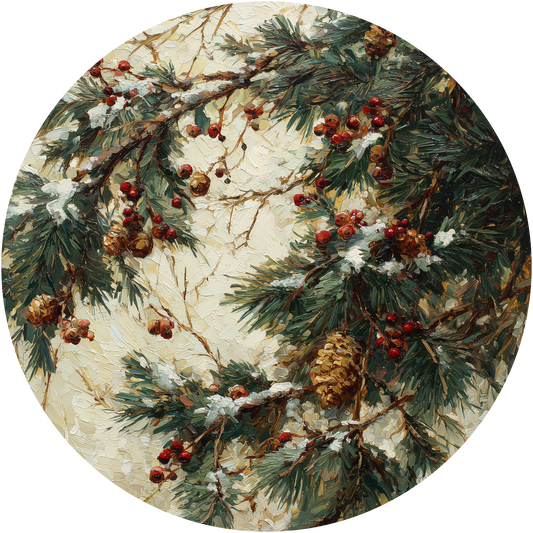 Snowy Pine Boughs with Red Berries and Cones Accent Sign - Made in USA