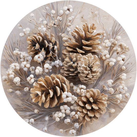 Neutral Tone Winter Arrangement with Pine Cones and White Berries Accent Sign - Made in USA