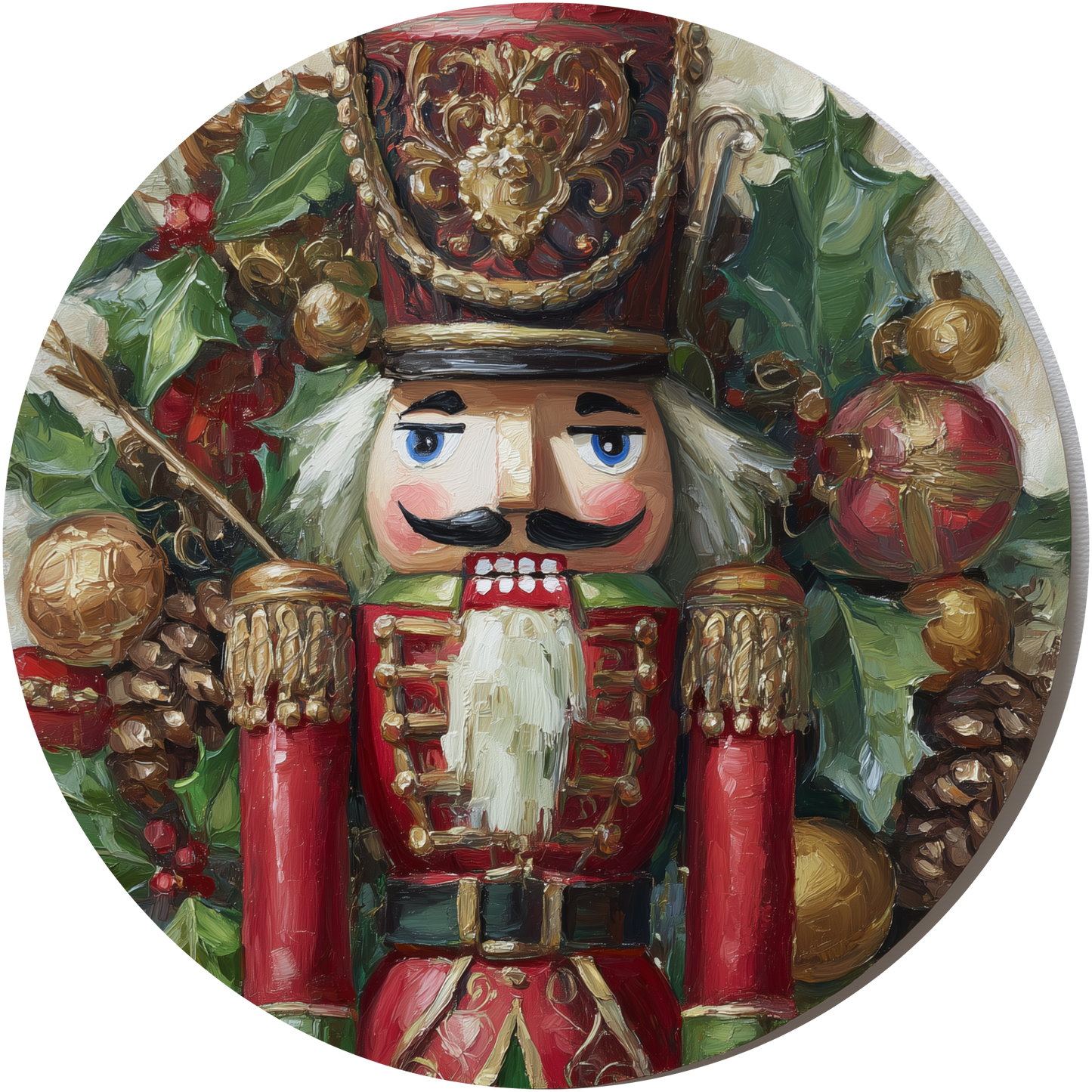Red Nutcracker Soldier with Holly Wreath and Gold Ornaments Accent Sign - Made in USA