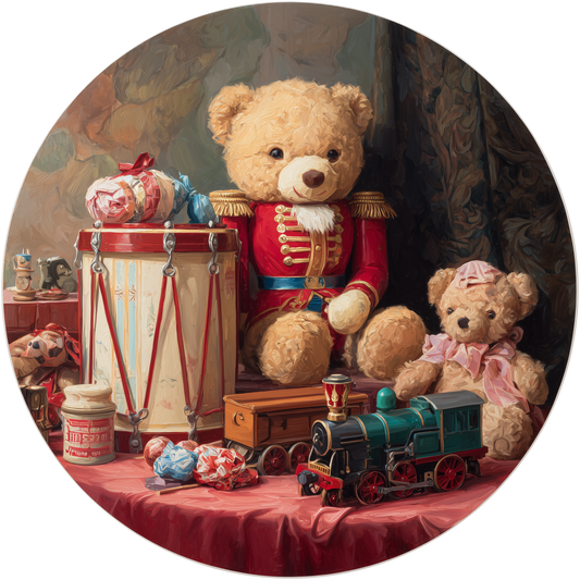 Vintage Christmas Life with Teddy Bear Soldier Drum and Toy Train Accent Sign - Made in USA