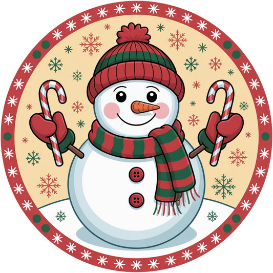 Cheerful Snowman with Candy Canes Winter Accent Sign - Made in USA