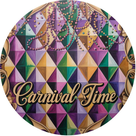 Mardi Gras Carnival Time with Faceted Harlequin Pattern and Beads Accent Sign - Made in USA