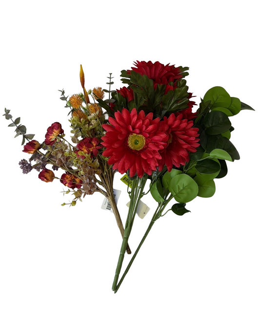 Artificial Floral Stems – 19" Green Eucalyptus Spray, 19" Orange Zinnia Mixed Bush, 20" Red Satin Gerber Daisy Bush (7 Stems) - Set of 3