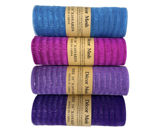 10 Inch x 10 Yards - Deco Mesh Laser Eyelash Turquoise, Hot Pink, Purple & Lavender - Pack Of 4