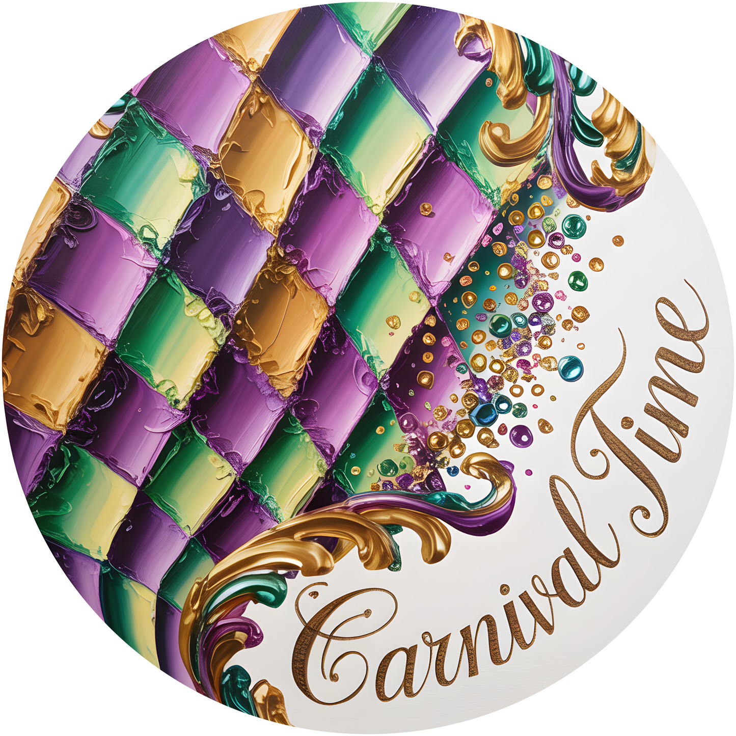Mardi Gras Carnival Time with Painted Harlequin Pattern and Gold Scrollwork Accent Sign - Made in USA