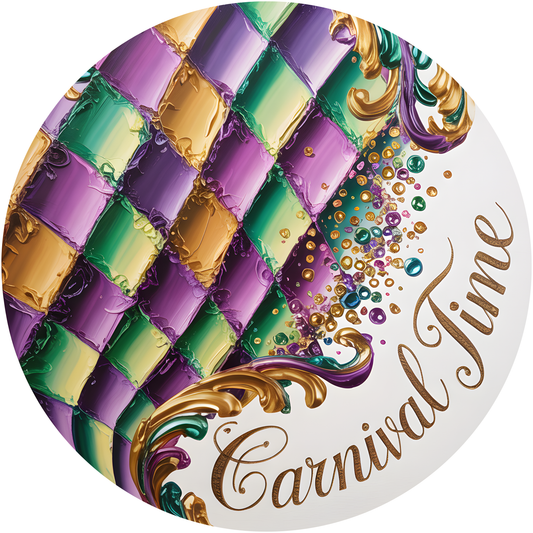 Mardi Gras Carnival Time with Painted Harlequin Pattern and Gold Scrollwork Accent Sign - Made in USA