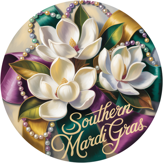 Southern Mardi Gras with Magnolias and Beads Accent Sign - Made in USA