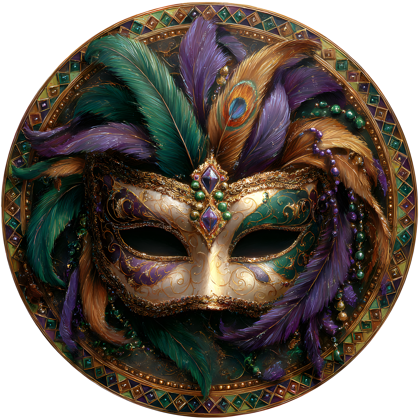 Mardi Gras Jeweled Masquerade Mask with Feathers and Mosaic Border Accent Sign - Made in USA