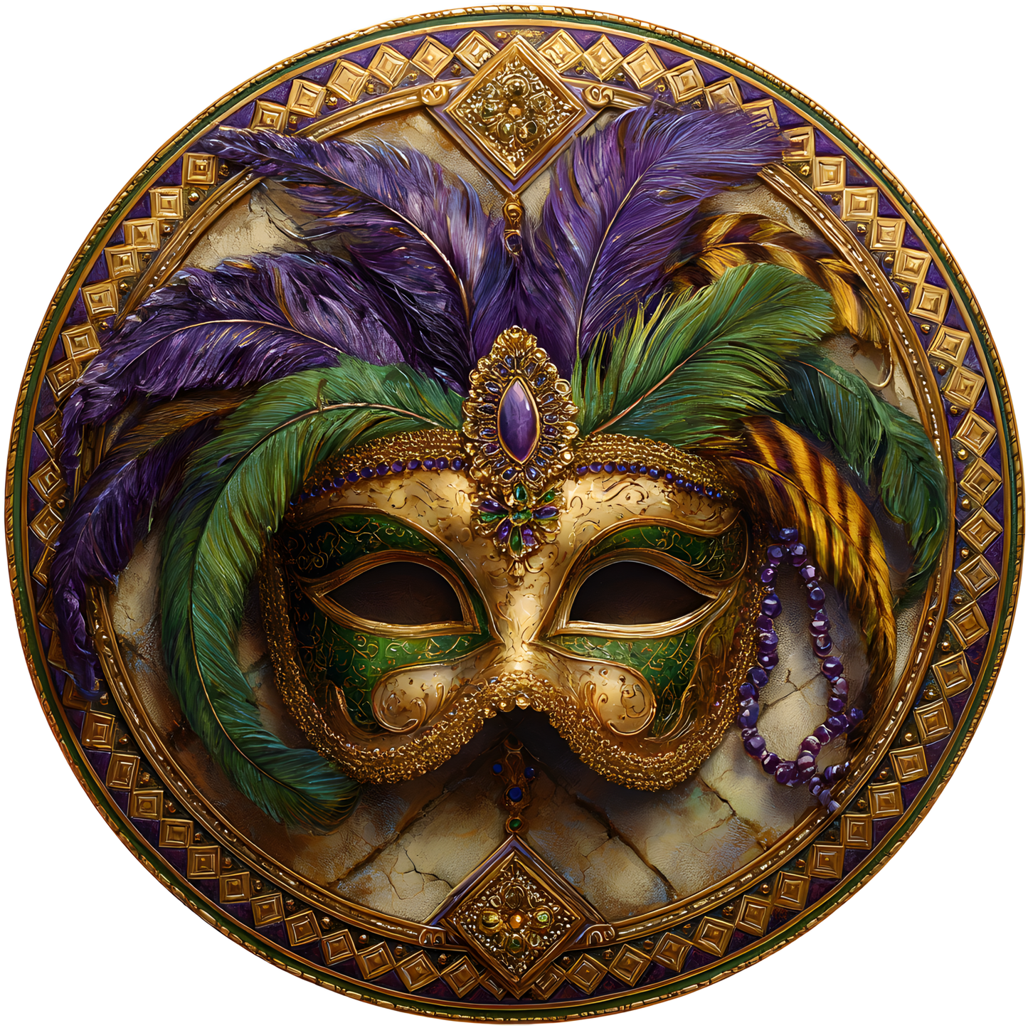 Mardi Gras Gold Masquerade Mask with Feathers and Geometric Border Accent Sign - Made in USA