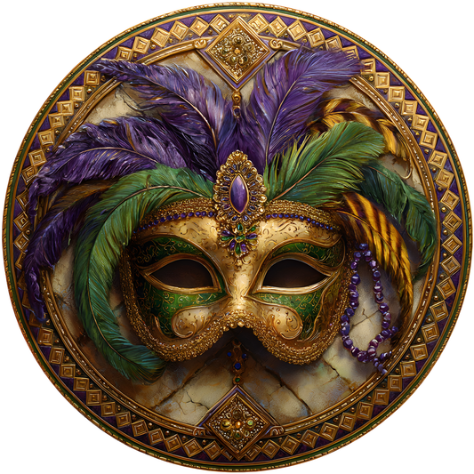 Mardi Gras Gold Masquerade Mask with Feathers and Geometric Border Accent Sign - Made in USA