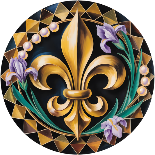 Mardi Gras Gold Fleur-de-Lis with Irises and Pearls Accent Sign - Made in USA