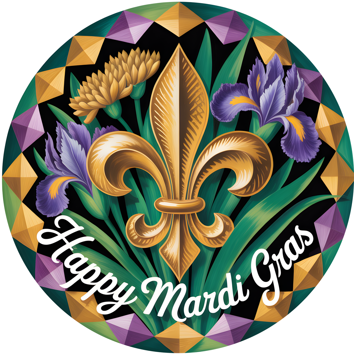 Happy Mardi Gras with Gold Fleur-de-Lis and Irises Accent Sign - Made in USA