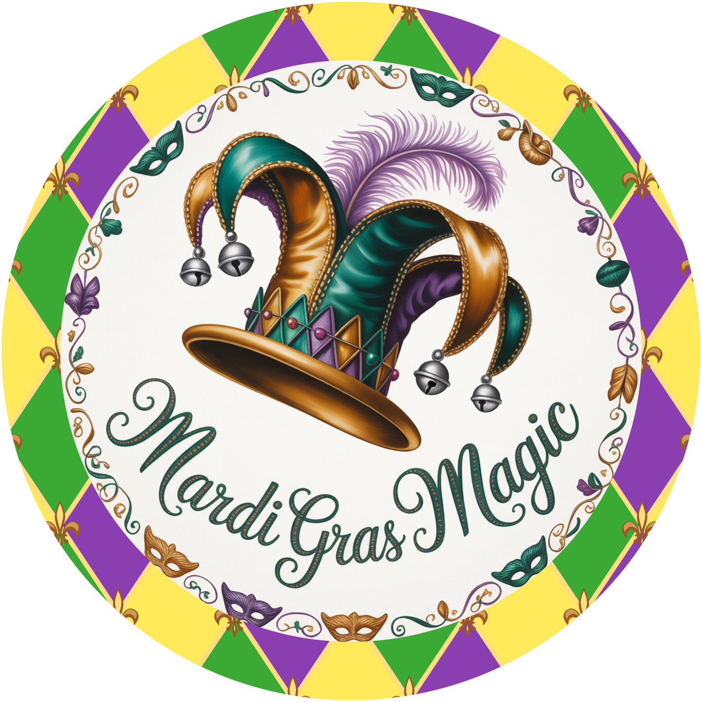 Mardi Gras Magic with Jester Hat and Harlequin Border Accent Sign - Made in USA