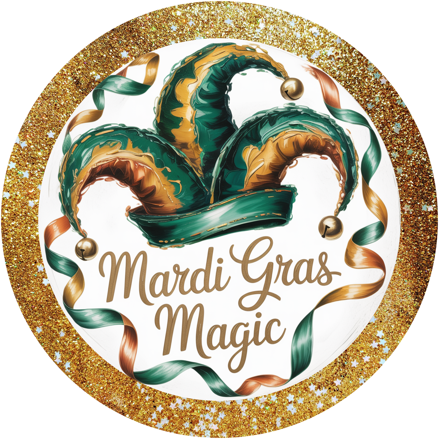 Mardi Gras Magic Painted Jester Hat and Gold Glitter Border Accent Sign - Made in USA
