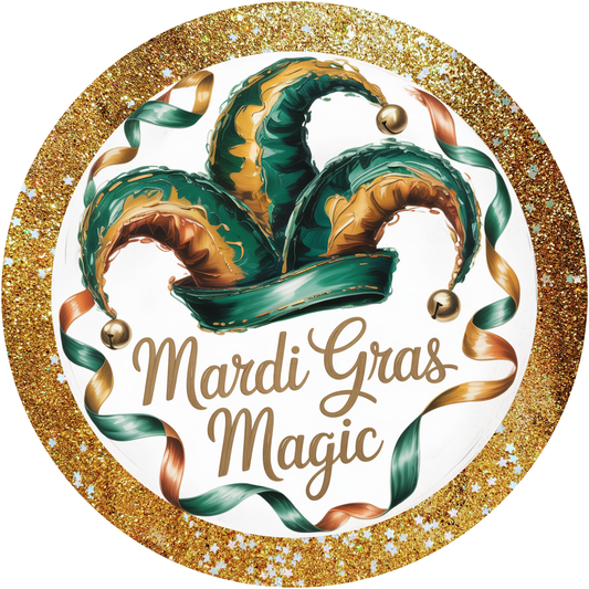 Mardi Gras Magic Painted Jester Hat and Gold Glitter Border Accent Sign - Made in USA