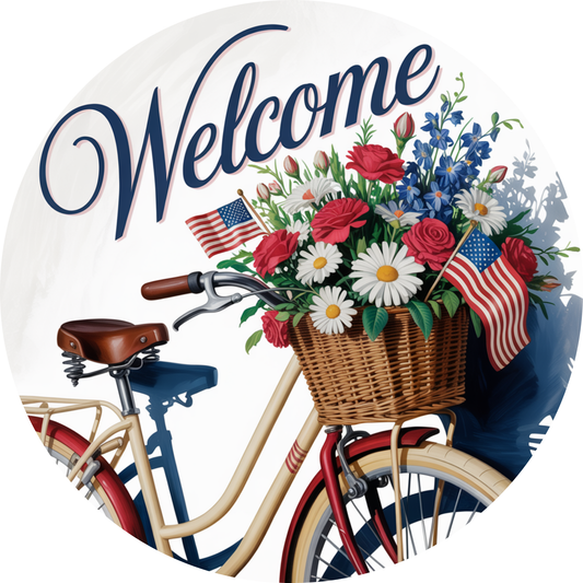 Welcome Patriotic Bicycle Floral Basket Accent Sign - Made in USA