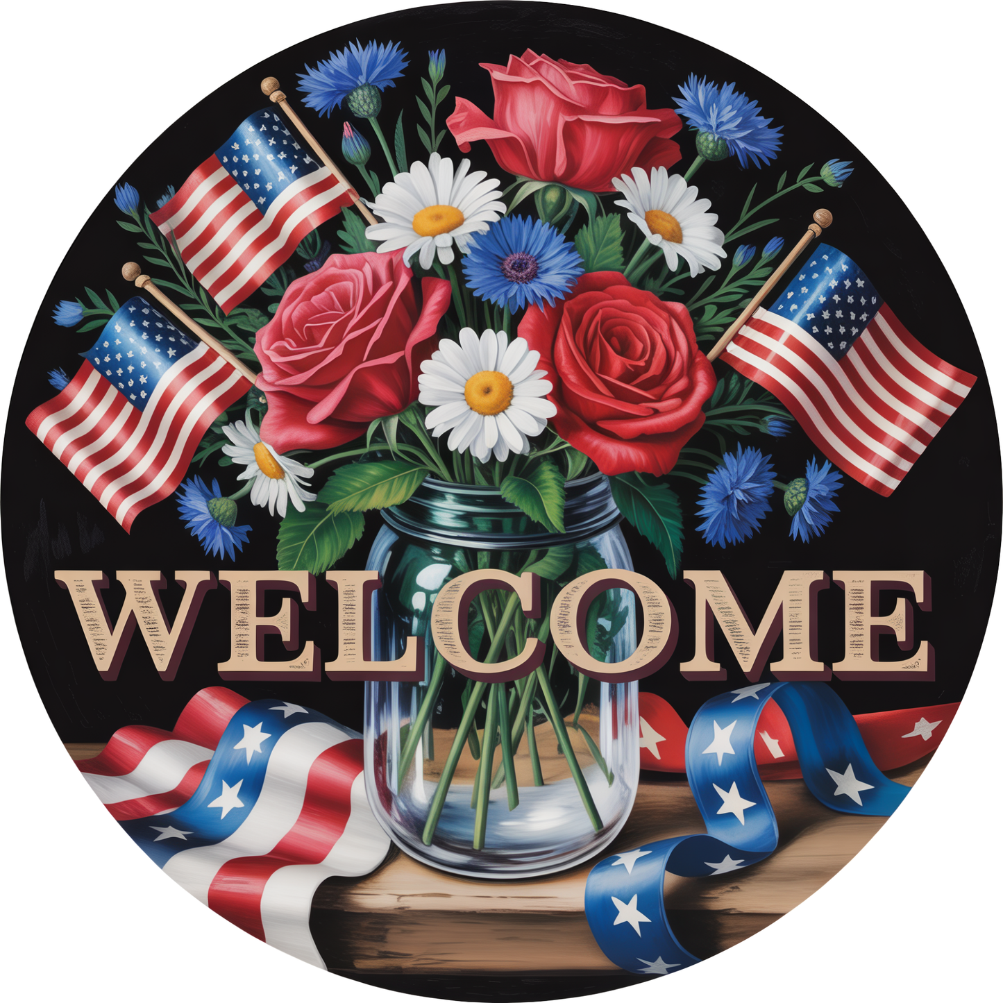 Patriotic Mason Jar Floral Americana Flag & Wildflower Welcome Accent Sign - Made in USA