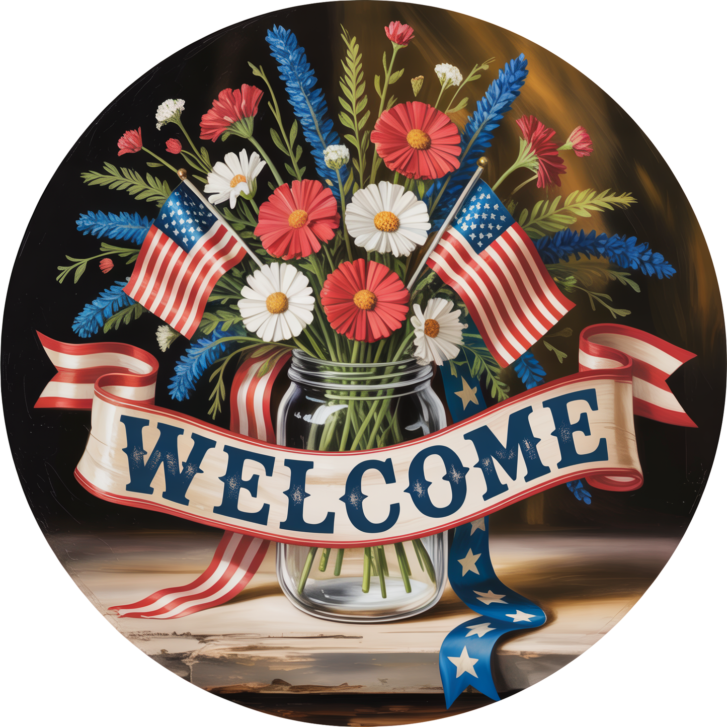 Patriotic Mason Jar Wildflower Americana Flag Welcome Accent Sign - Made in USA