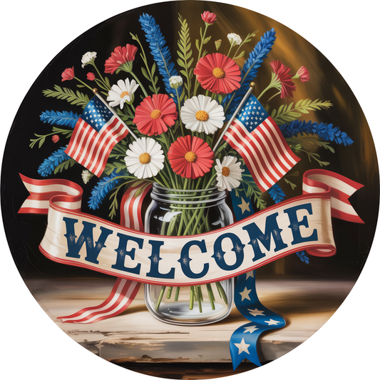 Patriotic Mason Jar Wildflower Americana Flag Welcome Accent Sign - Made in USA