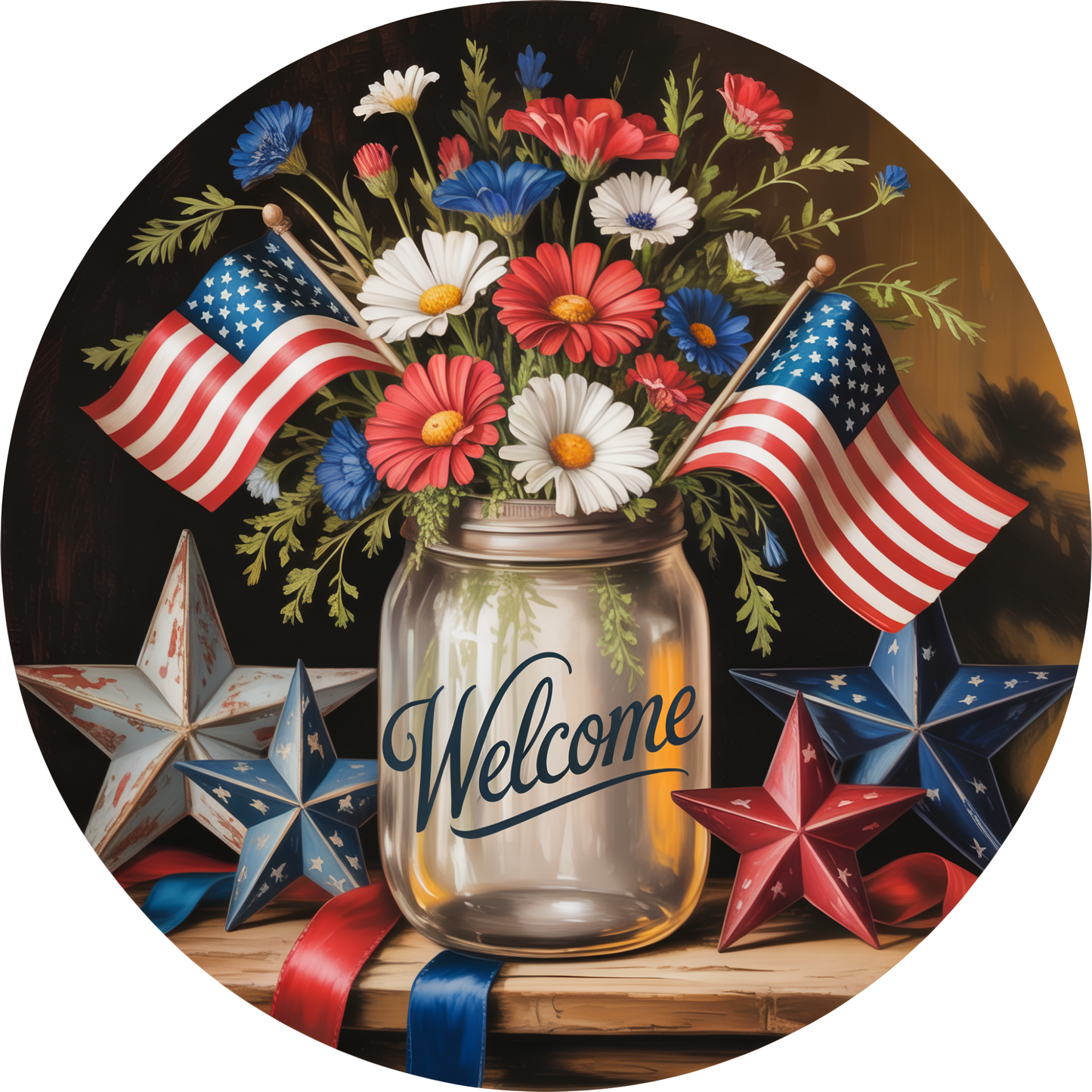 Patriotic Mason Jar Floral with Stars & Flags Welcome Accent Sign - Made in USA