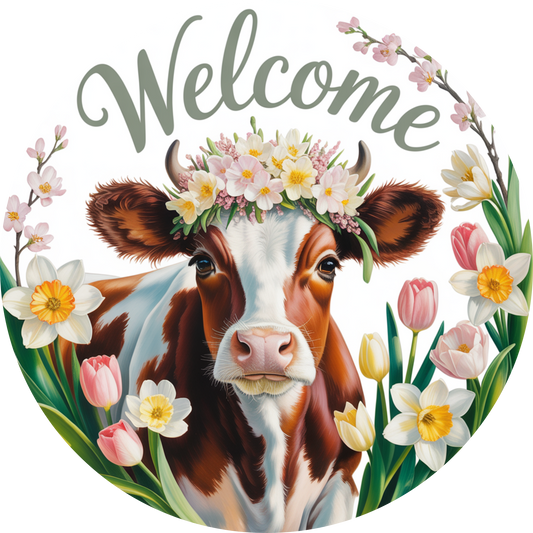 Cow and Spring Flowers Welcome Accent Sign - Made in USA