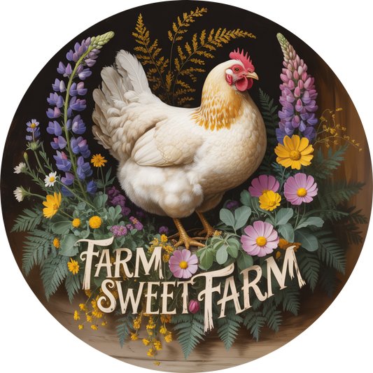 Farm with White Chicken and Wildflowers Accent Sign - Made in USA