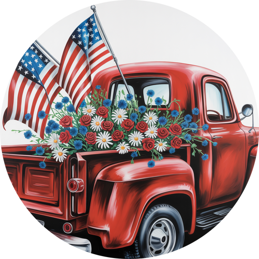 Red Vintage Truck with American Flags and Flowers Accent Sign - Made in USA