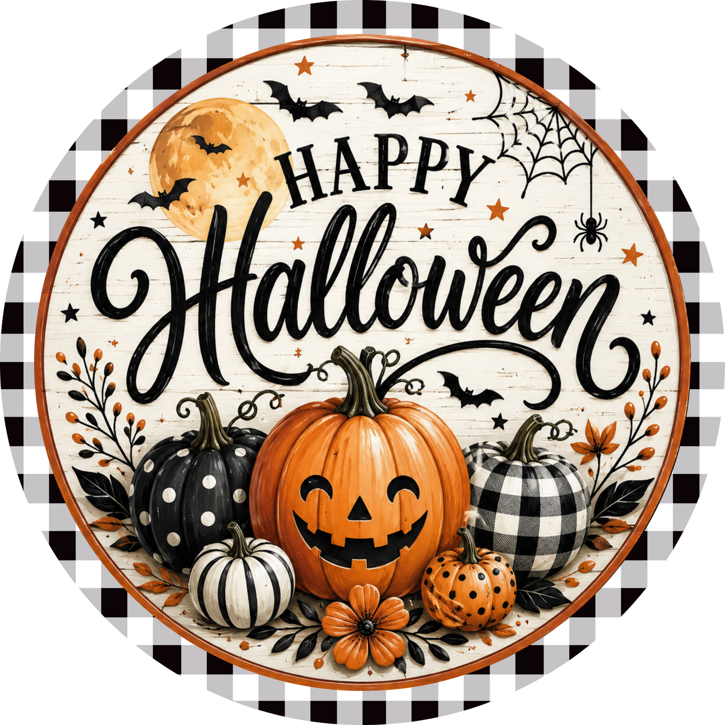 Happy Halloween Pumpkins Buffalo Plaid Accent Sign - Made in USA