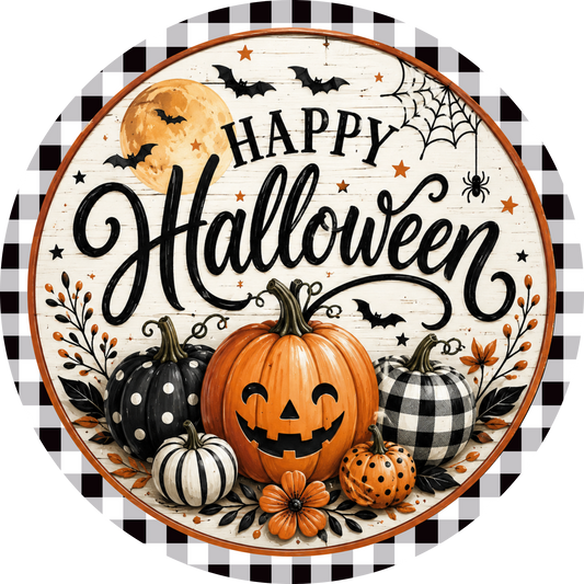 Happy Halloween Pumpkins Buffalo Plaid Accent Sign - Made in USA