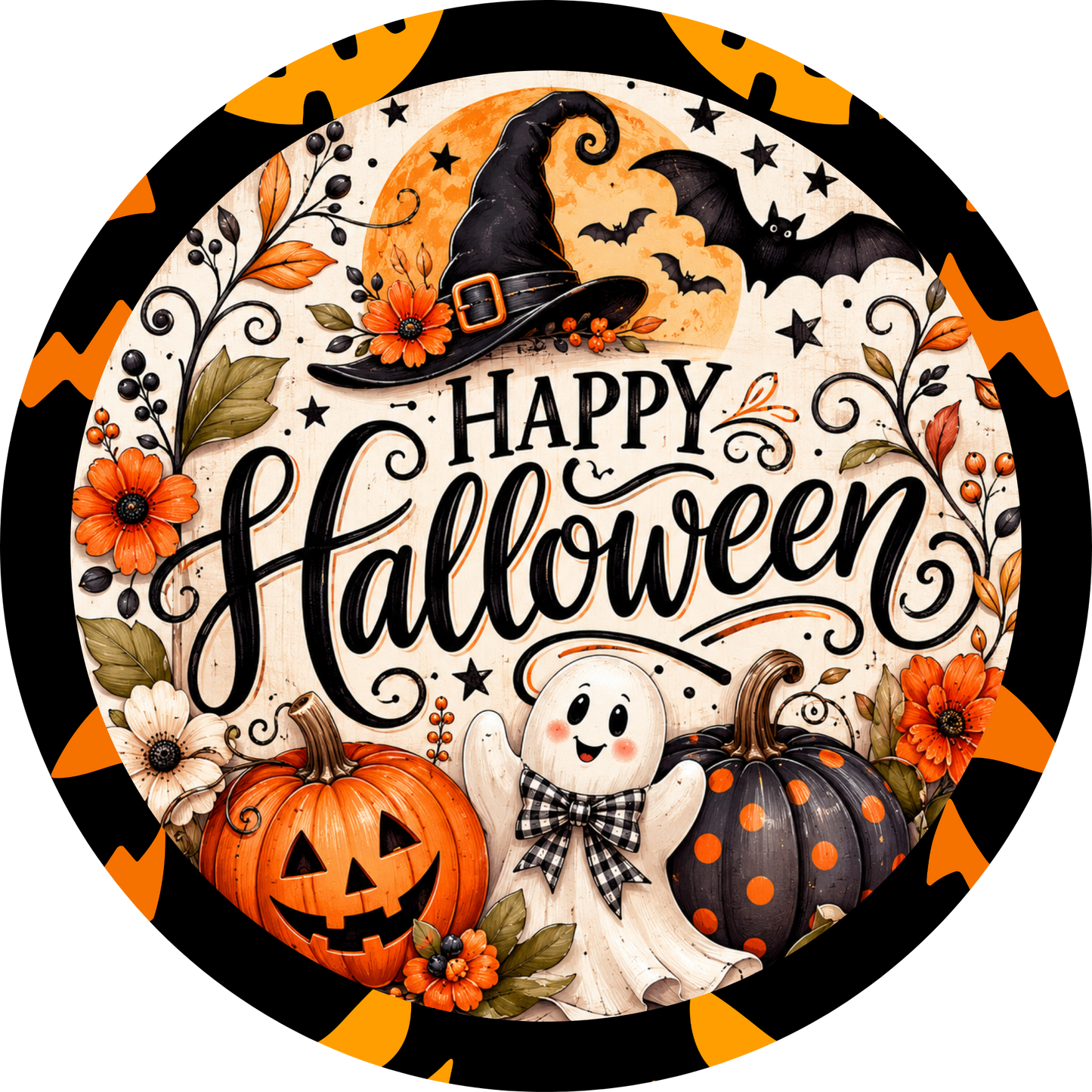 Happy Halloween! Witches Hat Ghost Jack-o'-Lantern Accent Sign - Made in USA