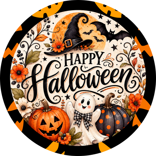 Happy Halloween! Witches Hat Ghost Jack-o'-Lantern Accent Sign - Made in USA