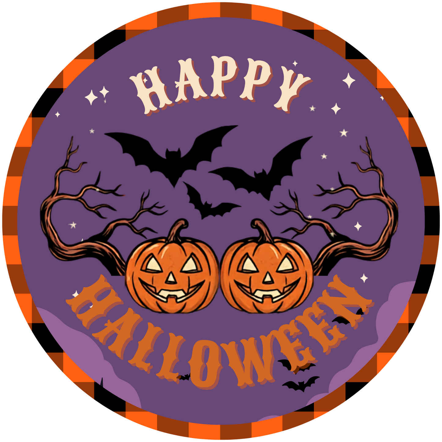 Happy Halloween Jack-o'-Lanterns Bats Plaid Accent Sign - Made in USA