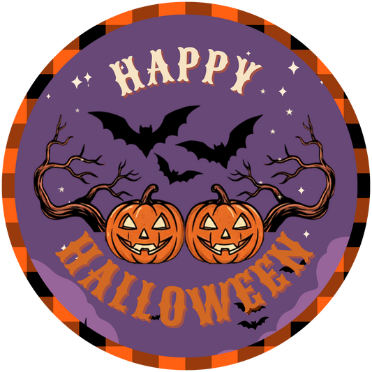 Happy Halloween Jack-o'-Lanterns Bats Plaid Accent Sign - Made in USA