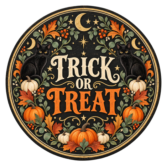 Trick or Treat Black Cat White Pumpkin Metal / Vinyl Sign - Made in USA