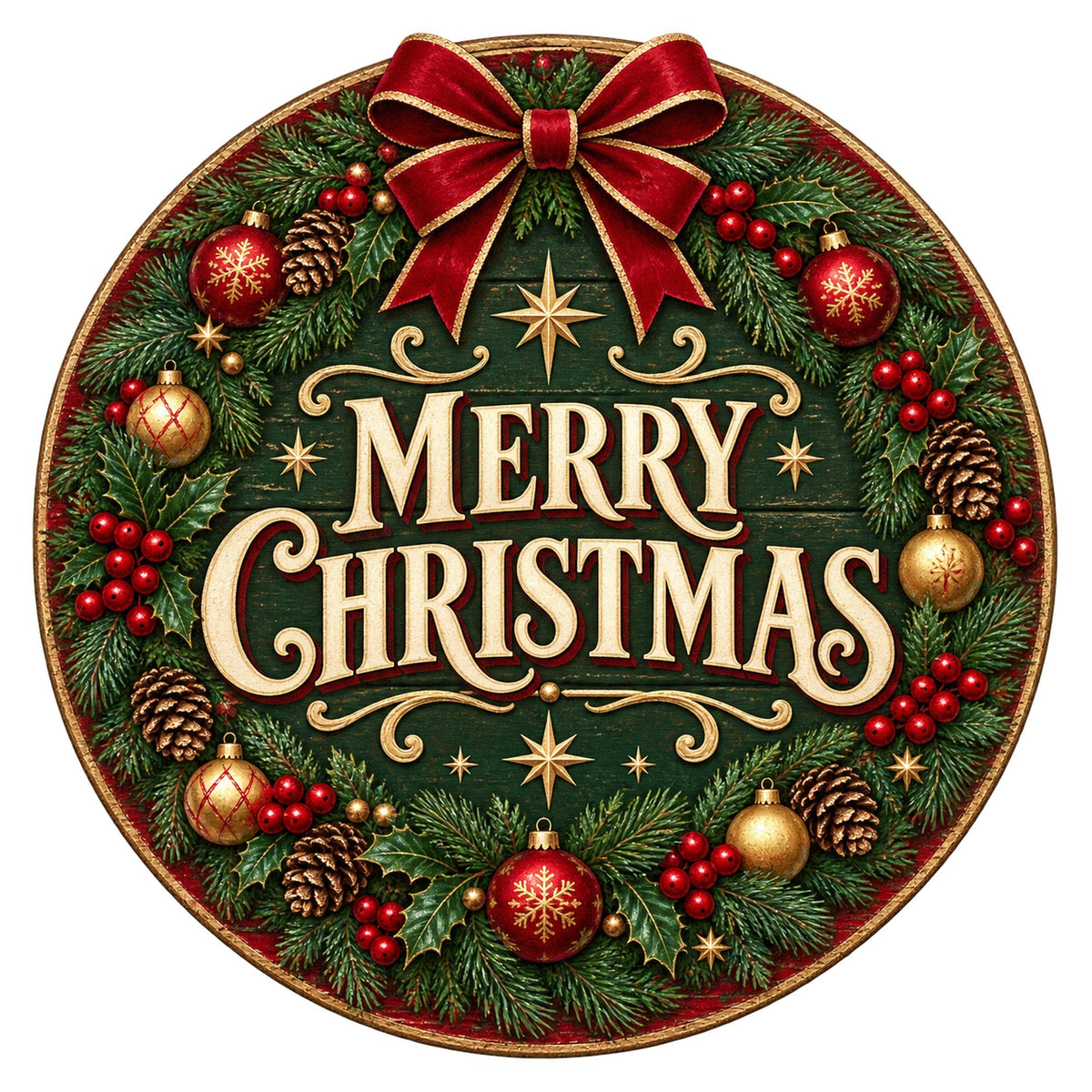 Merry Christmas Wreath Bow Metal / Vinyl Sign - Made in USA