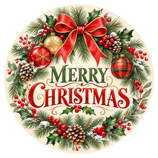 Merry Christmas Ornament Wreath Metal / Vinyl Sign - Made in USA
