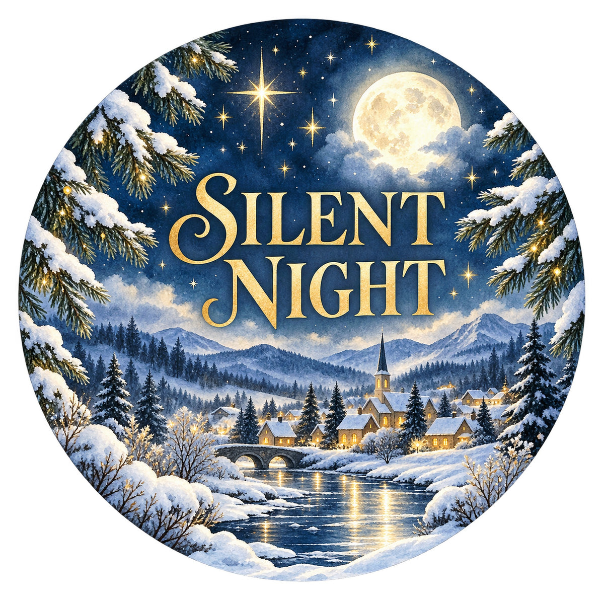 Silent Night Winter Village Metal / Vinyl Sign - Made in USA