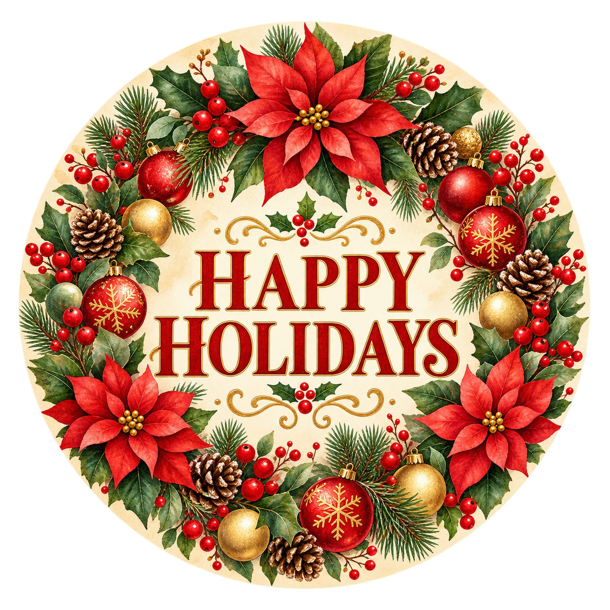 Happy Holidays Poinsettia Metal / Vinyl Sign - Made in USA