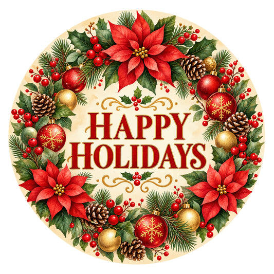 Happy Holidays Poinsettia Metal / Vinyl Sign - Made in USA