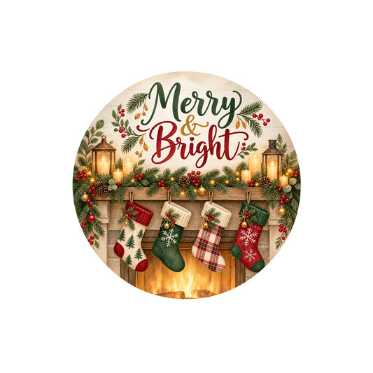 Merry and Bright Fireplace Mantel Metal / Vinyl Sign - Made in USA