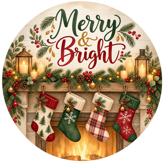 Merry and Bright Fireplace Mantel Metal / Vinyl Sign - Made in USA