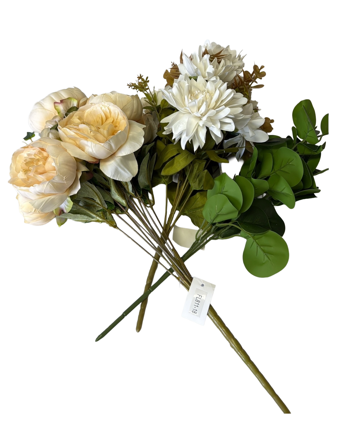 Artificial Floral Stems – 22" Ivory Peony Hydrangea Mix Bush, 19" Ivory Mixed Flower Bush (11 Stems), 19" Green Eucalyptus Spray - Set of 3