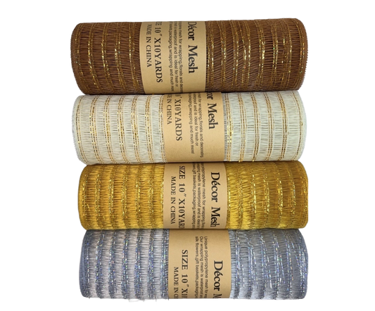 10 Inch x 10 Yards - Deco Mesh Laser Eyelash Silver, Old Gold, Ivory & Light Gold - Pack Of 4