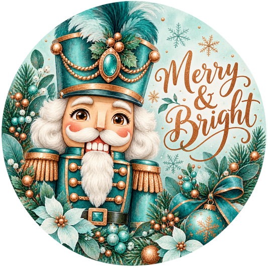 Merry and Bright Teal Nutcracker Metal / Vinyl Sign - Made in USA