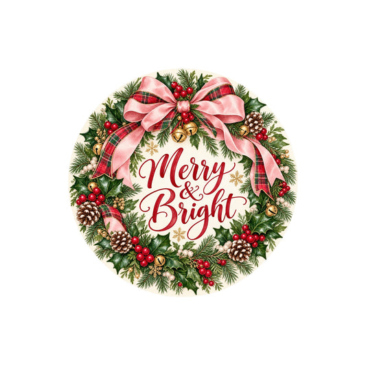Merry and Bright Pink Bow Metal / Vinyl Sign - Made in USA